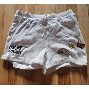 Happy Nation White Terry Cloth Lounge Shorts Rainbow Smiley Butterfly Graphic